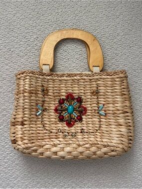White Stag Natural Woven Tote with Turquoise & Red Beaded Accent
